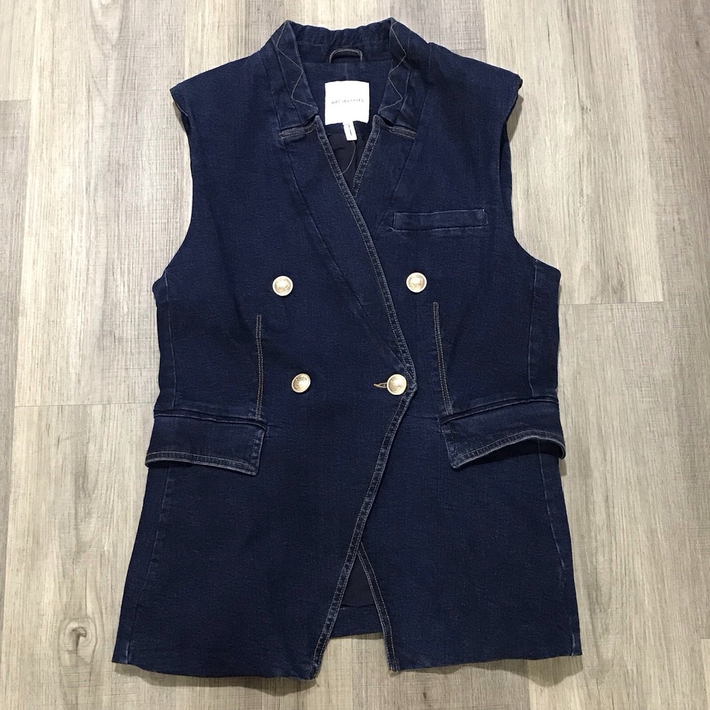 New Avec Les Filles Blue Jean Designer Denim Vest Lined Medium Gold Buttons